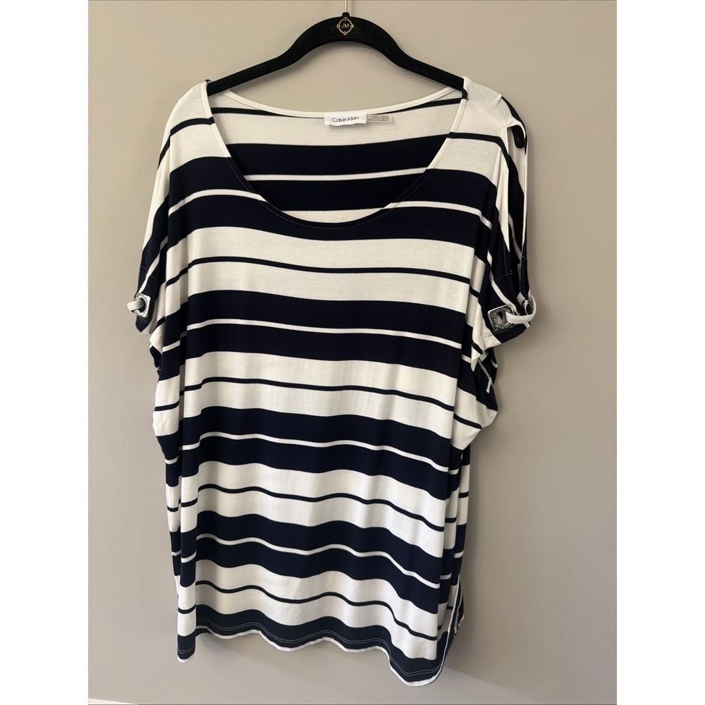 Calvin Klein Tunic Top Women Size Large Navy Blue & White